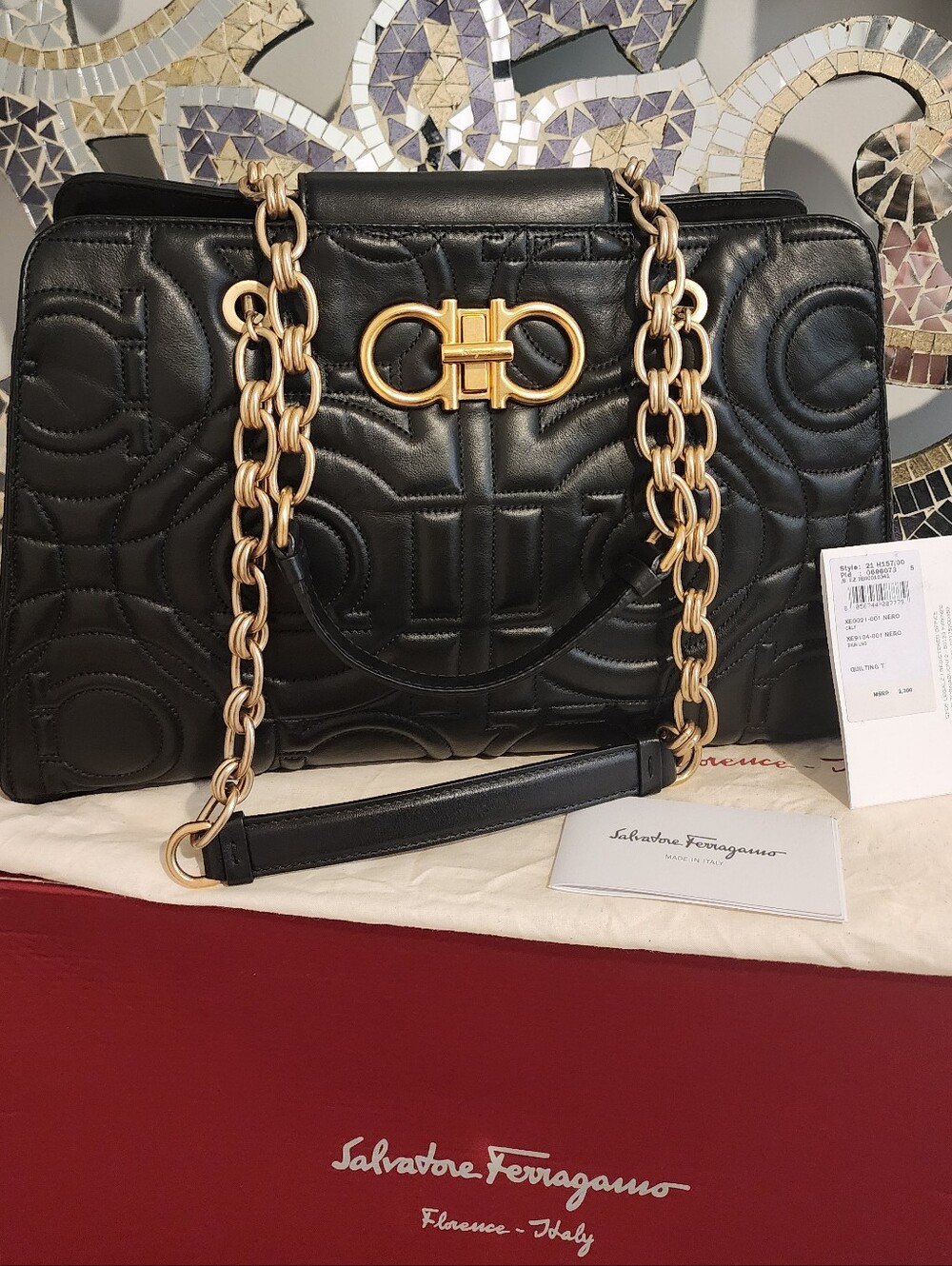 Salvatore Ferragamo Black Quilted Leather Shoulder Bag with Gold Chain